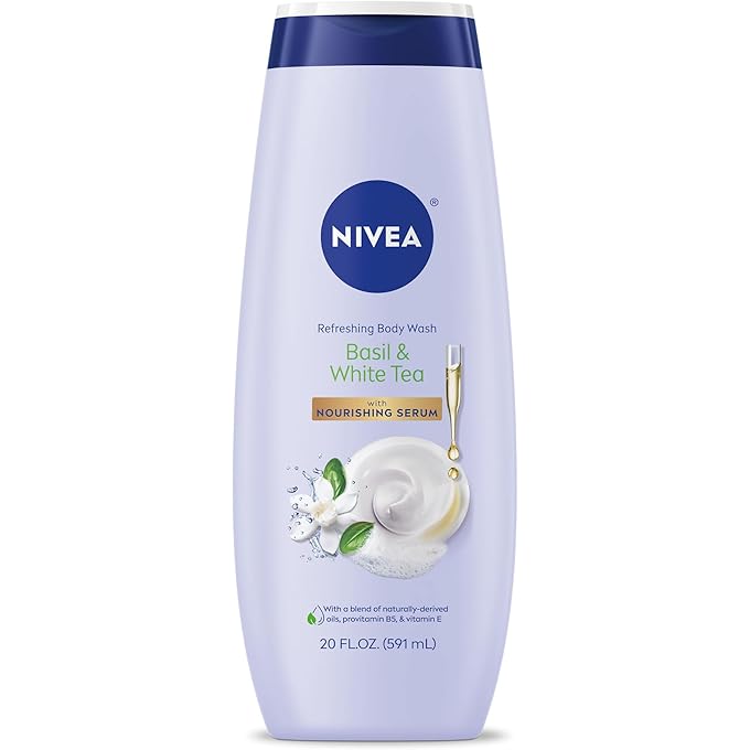 غسول جسم من نيفيا ريفيضينغ بالريحان والشاي الأبيض مع سيروم مغذي، غسول جسم معطر للنساء، غني ببروفيتامين B5 وفيتامين E، زجاجة 20 أونصة سائلة